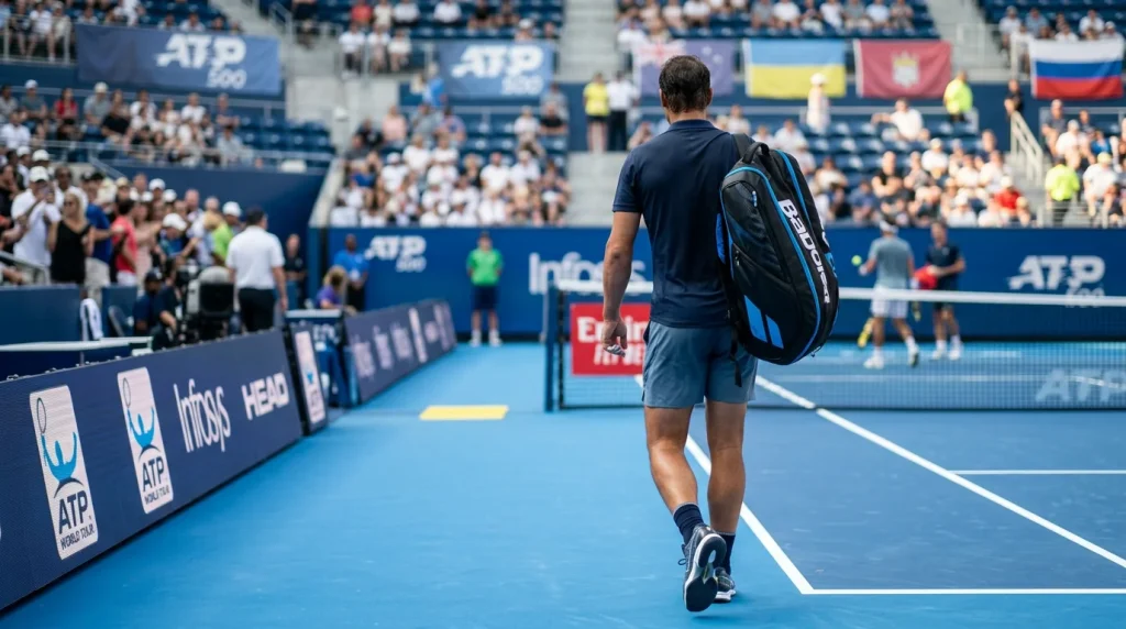 Professional tennis player walking onto an ATP tournament hard court with kit bag