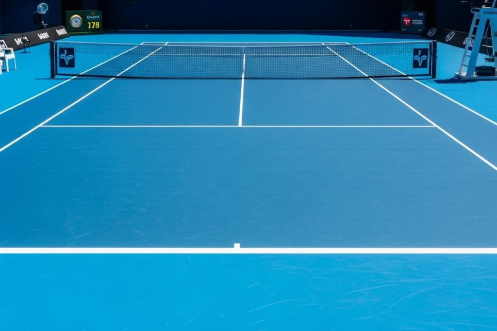 Blue hard court at Melbourne Park under bright Australian summer sun with empty stands