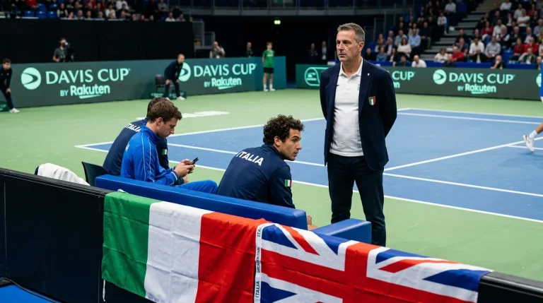 Davis Cup team bench with national flags and players seated courtside during a tie
