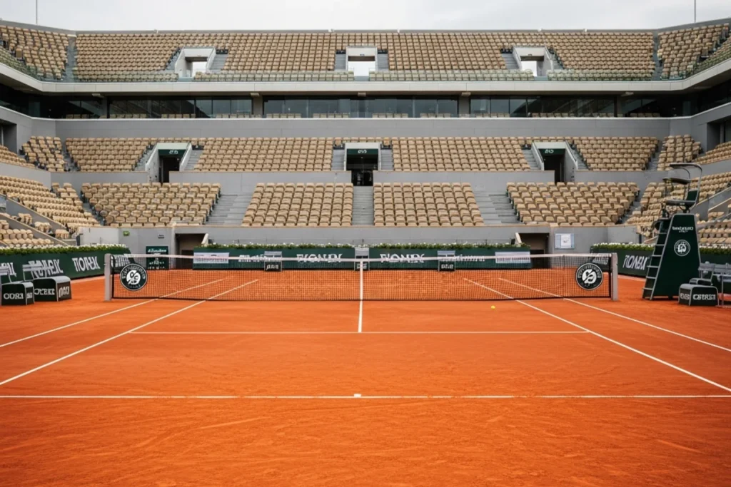Red clay tennis court at Roland-Garros with white lines and net under overcast skies