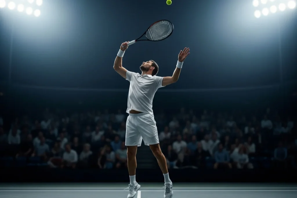 Tennis player mid-serve on a hard court during a live match with stadium lights