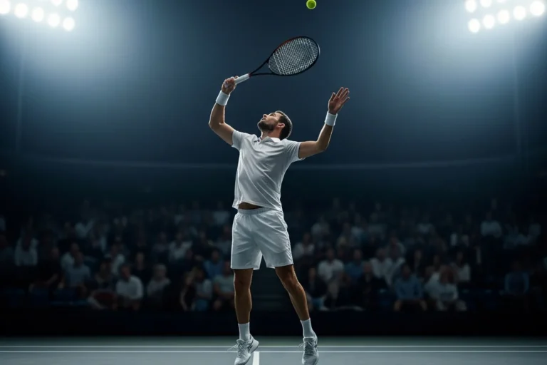 Tennis player mid-serve on a hard court during a live match with stadium lights