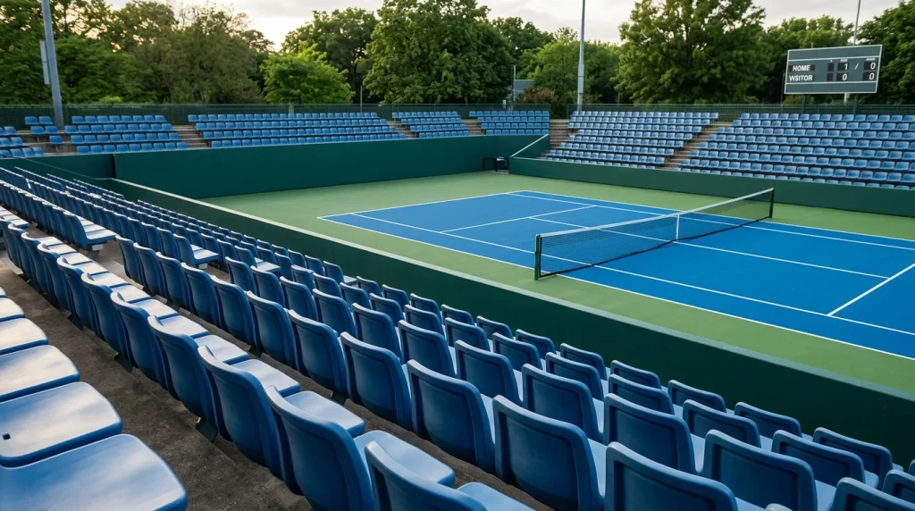 Tennis spectator seats with a clear view of the court and scoreboard at a quiet venue