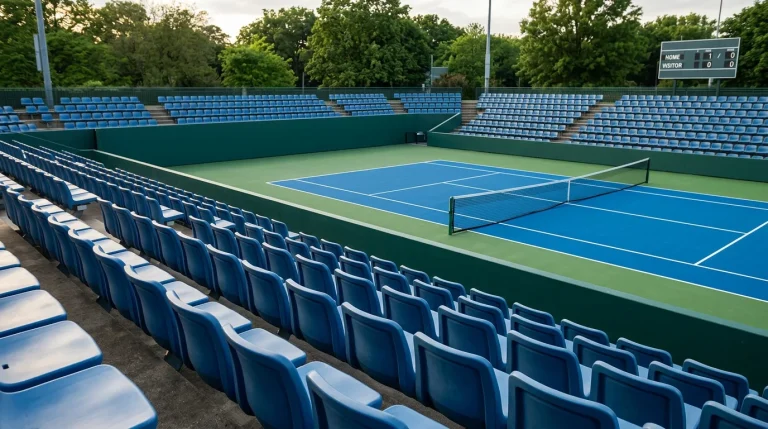 Tennis spectator seats with a clear view of the court and scoreboard at a quiet venue