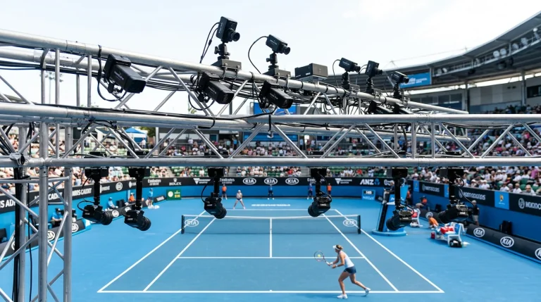 Hawk-Eye electronic line calling cameras mounted above a professional tennis court