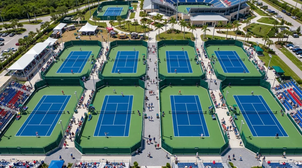 Multiple tennis courts side by side at a professional tournament with matches in progress