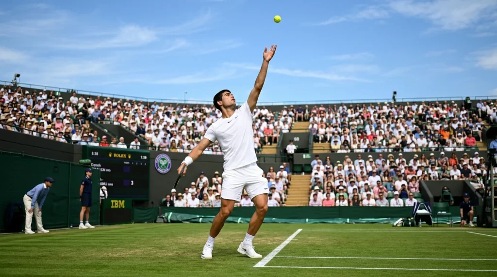 Tennis player mid-serve toss on a grass court with the ball high above the baseline
