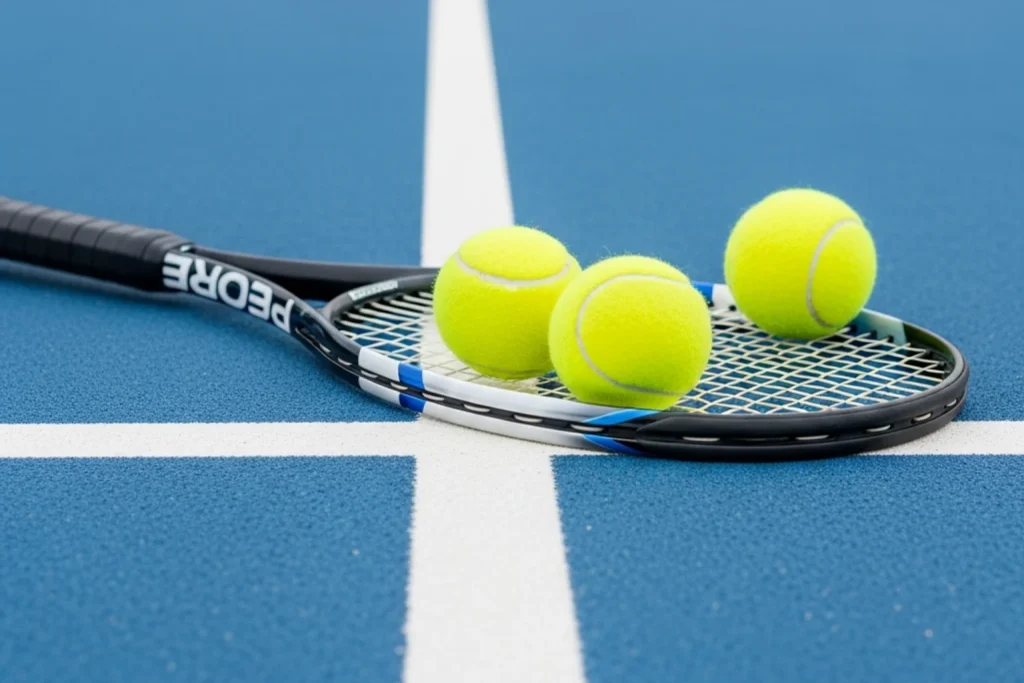 Tennis racket and balls resting on a hard court baseline with court markings visible