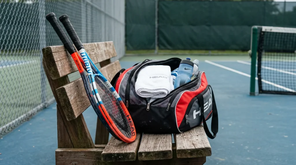 Tennis player's equipment bag and rackets leaning against a courtside bench