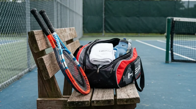 Tennis player's equipment bag and rackets leaning against a courtside bench
