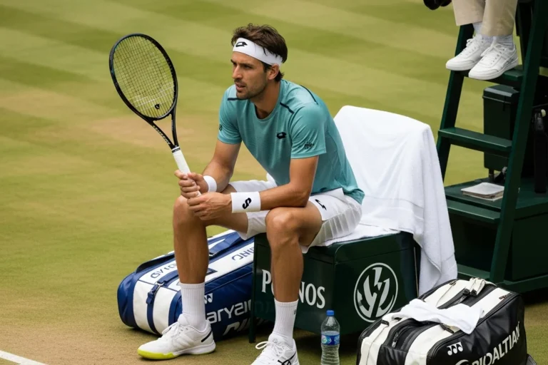 Tennis player seated during a changeover with a towel and water bottle on a hard court