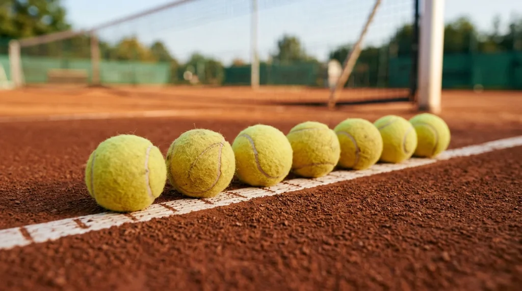 Tennis balls lined up on a clay court baseline with the net visible in the distance