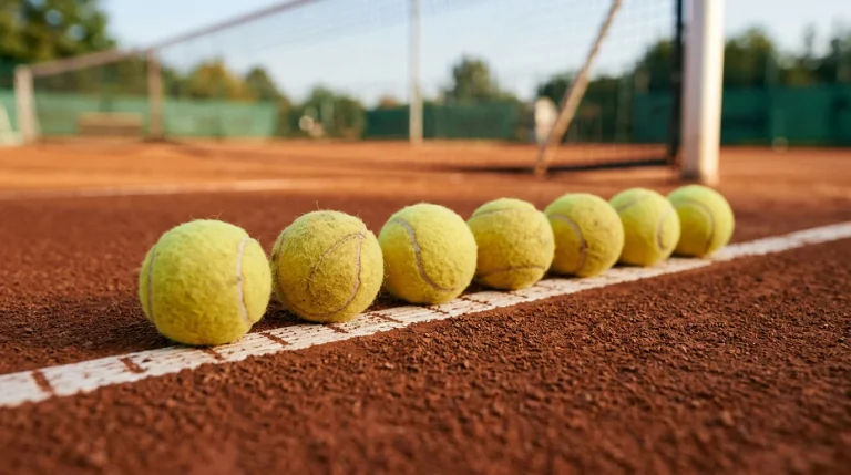 Tennis balls lined up on a clay court baseline with the net visible in the distance