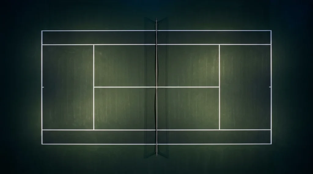 Overhead view of an empty tennis court with stark lighting emphasising the court lines