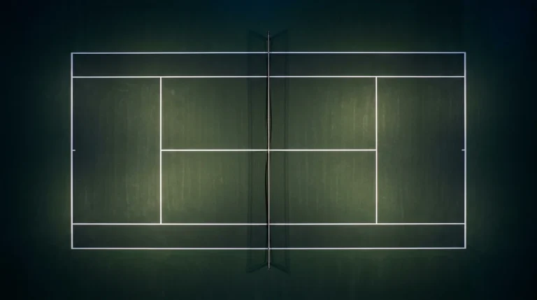 Overhead view of an empty tennis court with stark lighting emphasising the court lines