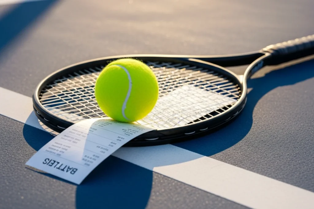 Tennis court with a racket and ball beside a betting slip showing match winner and handicap odds