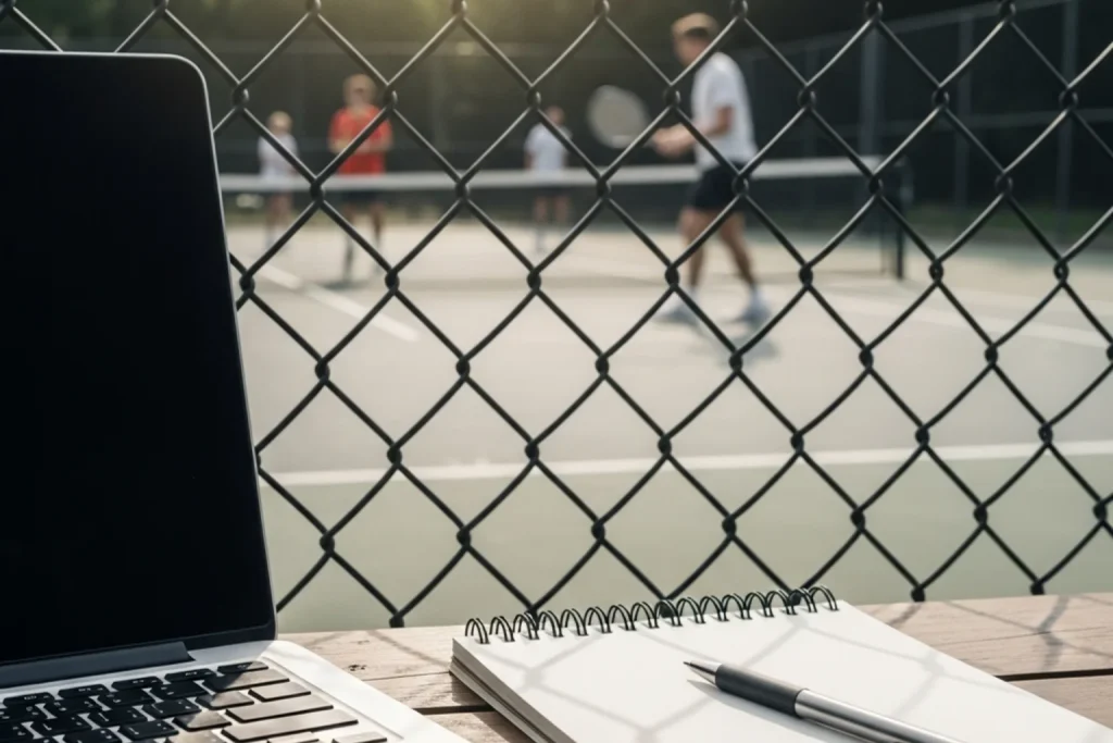 Laptop and notepad beside a tennis court fence with a practice session visible beyond