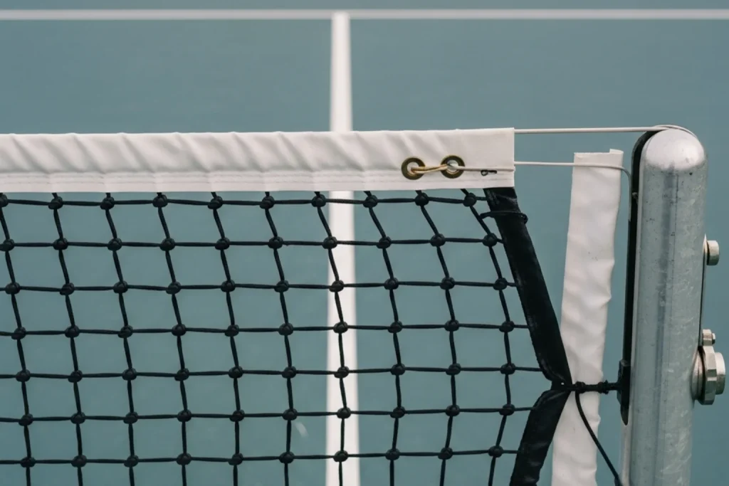 Close-up of a tennis net with the court surface visible on both sides