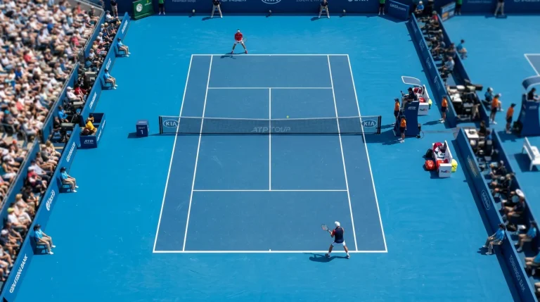 Overhead view of a tennis court with two players positioned at opposite baselines