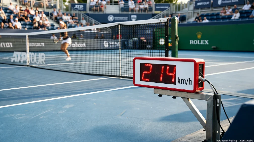 Tennis court with a speed gun display showing serve speed near the net post