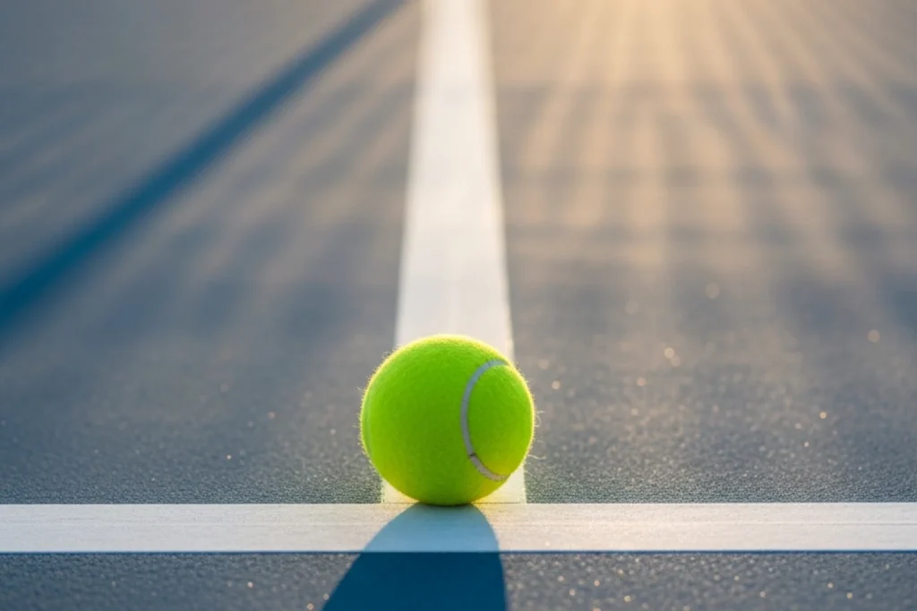 Close-up of a tennis ball on a hard court surface with sunlight casting long shadows