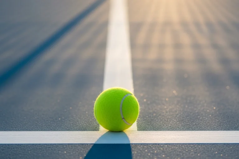 Close-up of a tennis ball on a hard court surface with sunlight casting long shadows