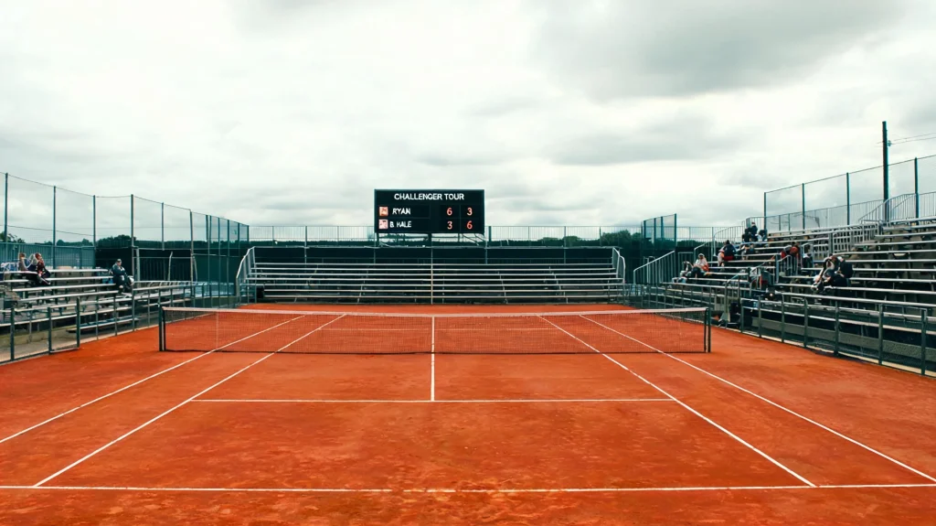 Small tennis venue with modest stands hosting a Challenger tour match on a clay court