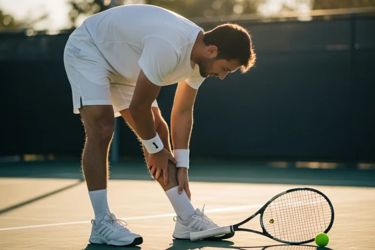 Tennis player stretching on court between points during a late-season hard court event