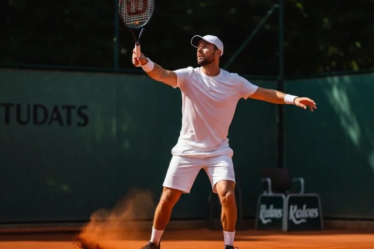 Tennis player in full serving motion on a clay court with red dust rising from the baseline