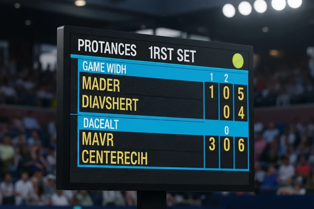 Tennis scoreboard displaying a first set score with the court in the background