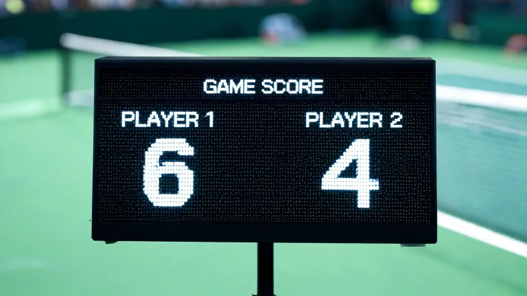 Close-up of a tennis scoreboard showing game scores during a competitive match
