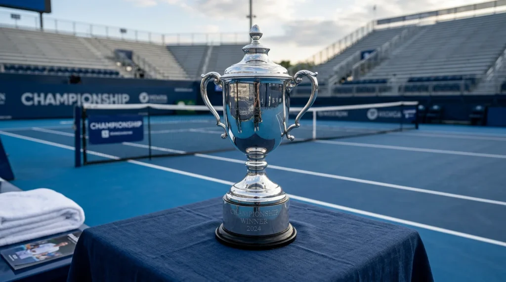 Tennis tournament trophy on a table beside an empty championship court