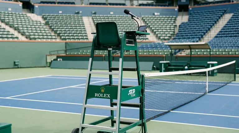 Empty tennis chair umpire seat with a microphone on a professional tournament court
