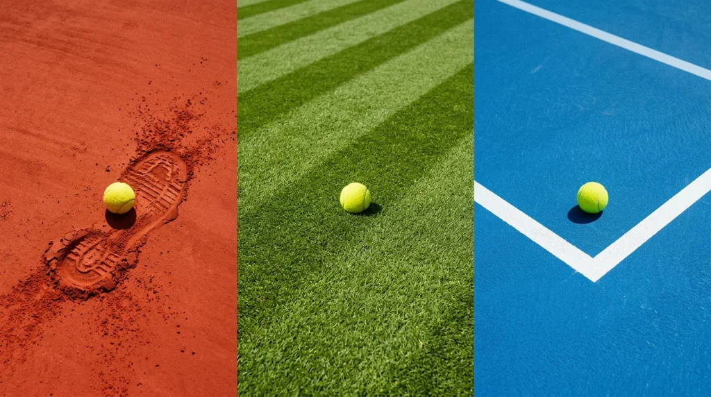 Split view of three tennis court surfaces showing red clay, green grass and blue hard court