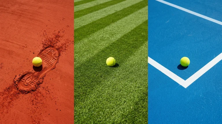 Split view of three tennis court surfaces showing red clay, green grass and blue hard court
