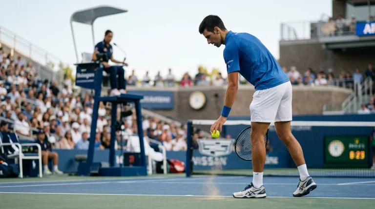 Tennis player bouncing the ball before serving at deuce court during a tense point