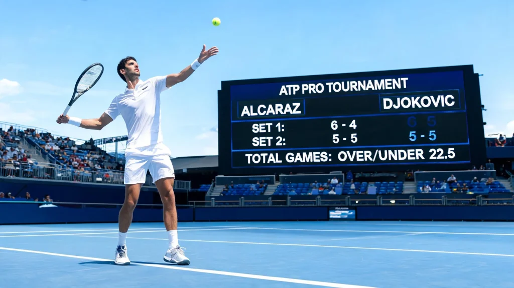 Tennis player serving on a hard court with the scoreboard visible in the background