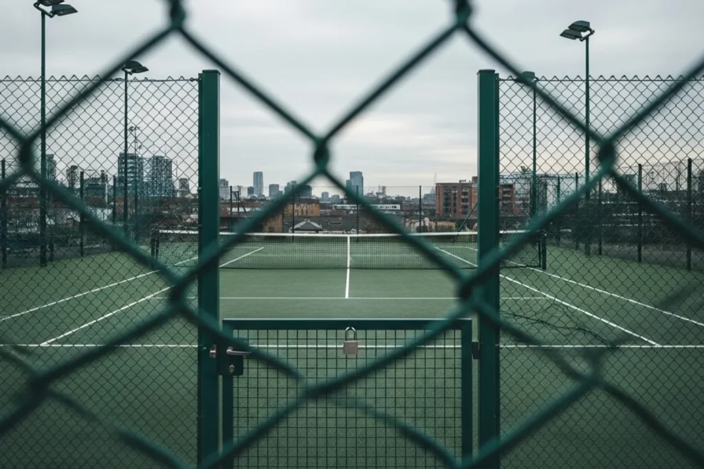 Empty tennis court viewed through a chain-link fence with London skyline in the distance