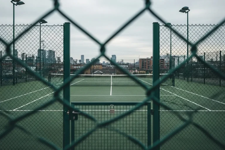 Empty tennis court viewed through a chain-link fence with London skyline in the distance