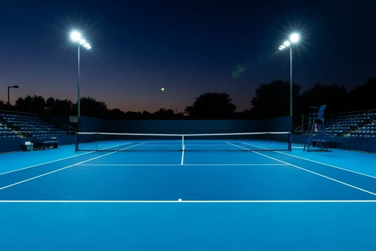 Floodlit hard court at night during a US Open evening session with blue playing surface