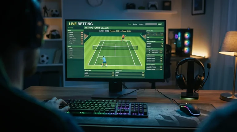 Computer screen displaying a tennis match simulation in a dimly lit room