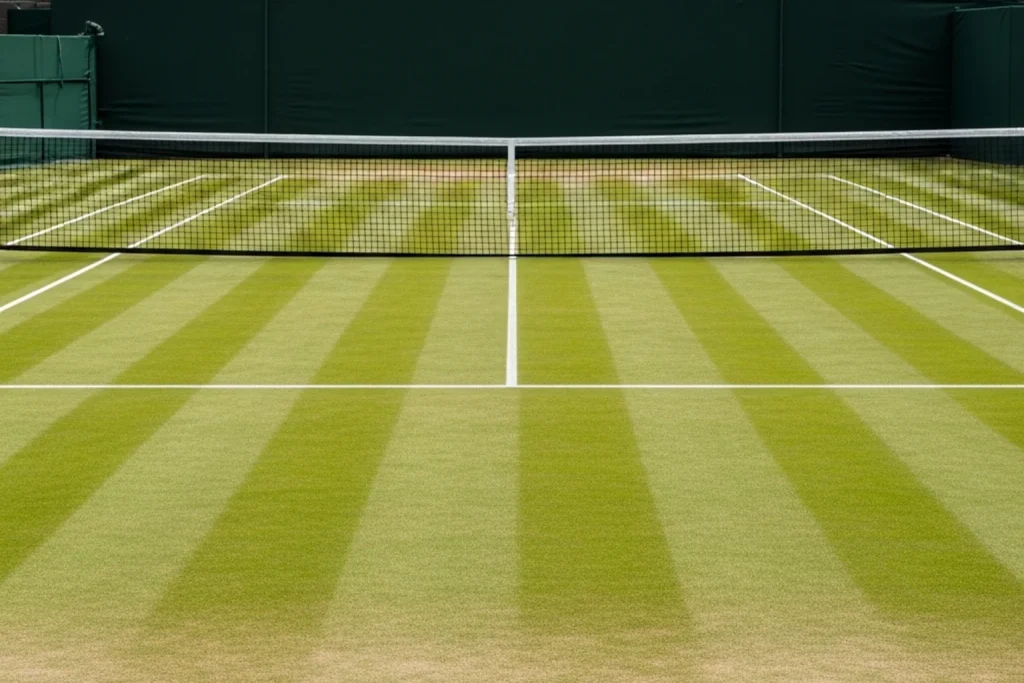 Grass tennis court at Wimbledon with chalk lines and net during a sunny match day