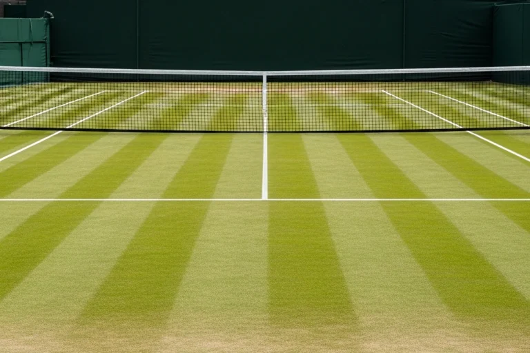 Grass tennis court at Wimbledon with chalk lines and net during a sunny match day
