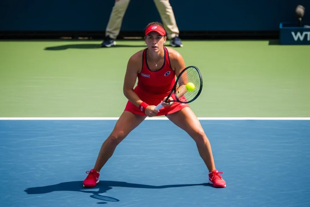 WTA tour player preparing to return serve on a hard court during a daytime match