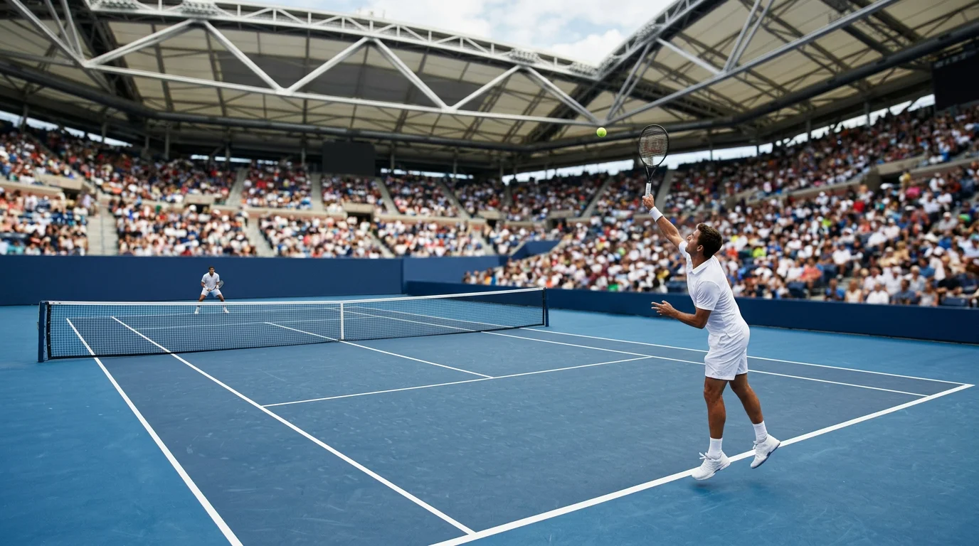 Professional tennis match in progress on a hard court with spectators watching from the stands