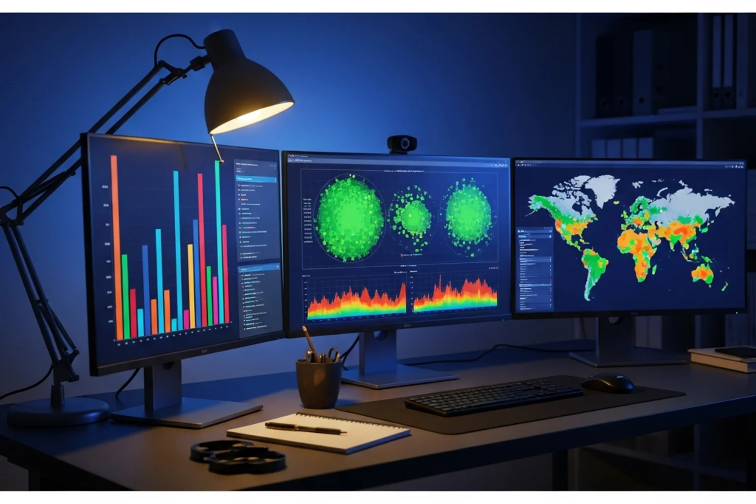 Professional working at a desk with multiple monitors displaying sports data analysis screens