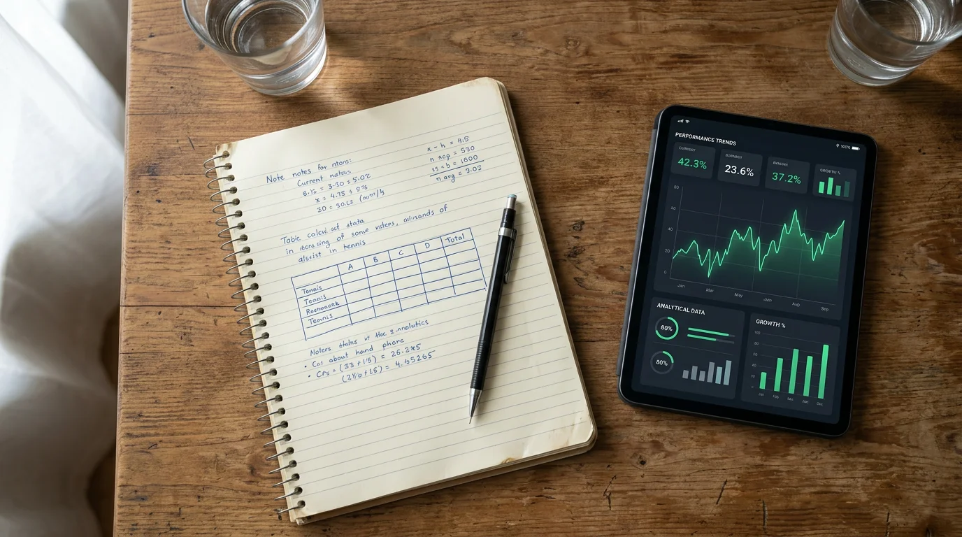 Notebook with handwritten tennis match notes next to a tablet showing serve statistics and performance data