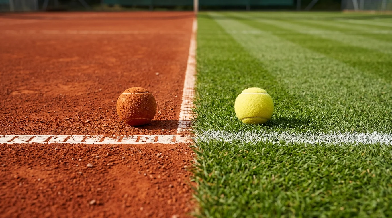 Split view of a red clay tennis court and a green grass tennis court showing different surface textures