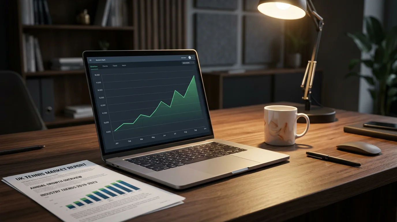 Laptop screen displaying tennis betting market data and growth trends in a UK office setting